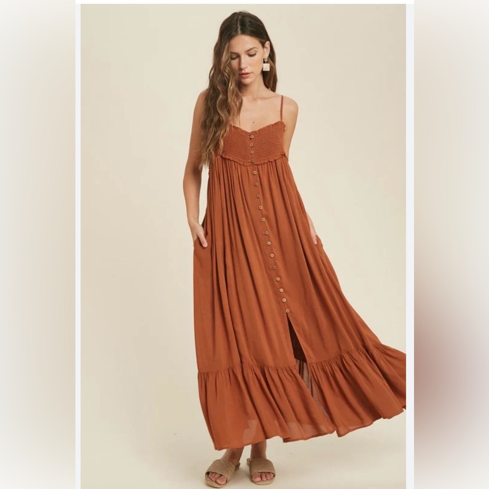 Wishlist Terracotta Brown Smocked Maxi Sundress Size Small